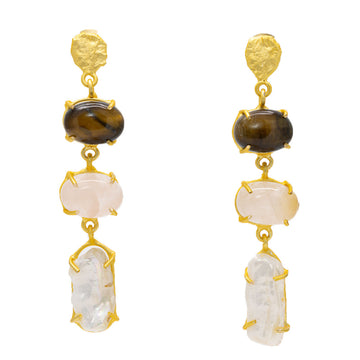 A pair of drop earrings with a gold top and tigers eye stone with two clear stones linked below.
