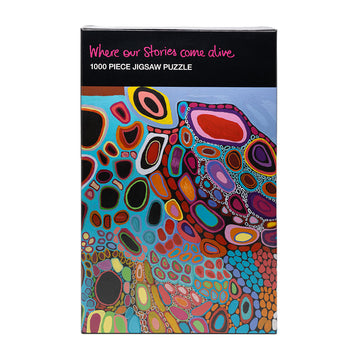 Box cover of a jigsaw puzzle featuring the artwork 'Our Mother's and Grandmother's Country' by Amanda Jane and Dorothy Gabori.