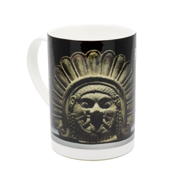 Mug with a white base and photo of Antefix of Medusa.