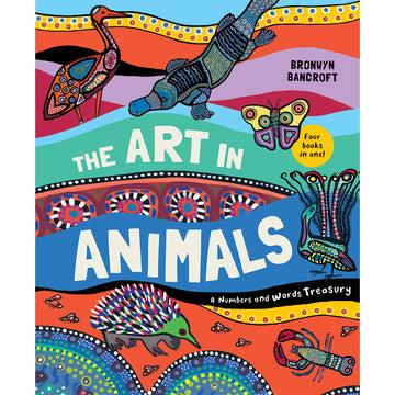 'The Art in Animals' book cover featuring Australian animals illustrated including an emu, platypus, butterfly and echidna. They are against a background made up of different coloured wavy lines.
