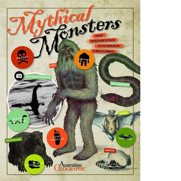 'Mythical Monsters: Mad Mischievous Mysterious Creatues' book cover featuring illustrations of different animals including the Loch Ness monster, sea serpents and bunyip.