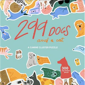 '299 Dogs and a Cat' puzzle box featuring lots of dogs in different shapes, sizes and colours demonstrating the puzzle pieces inside.
