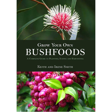 'Grow your Own Bushfoods' book cover featuring flowers and fruits.