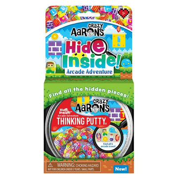 A round silver container with the title 'Crazy Aaron's Arcade Adventure Thinking Putty' with illustrations of coloured blocks.