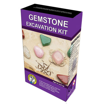 Front of the Gemstone Excavation Kit in purple with a photo of different gems in the middle.