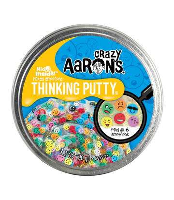 A round silver container with the title 'Crazy Aaron's Mixed Emotions Thinking Putty' with illustrations of coloured faces.