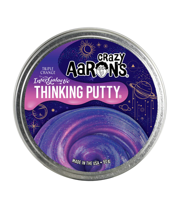 A round silver container with the title 'Crazy Aaron's Intergalactic Thinking Putty' with illustrations of space.