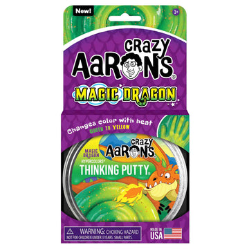 A round silver container with the title 'Crazy Aaron's Magic Dragon Thinking Putty' with illustrations of a dragon breathing fire.
