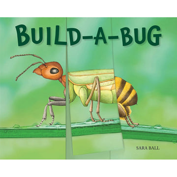 'Build-a-Bug' book cover featuring an illustration of a bug split into three vertical panels. Each section has a different section of a bug with the middle one on an angle showing they can be flipped together.