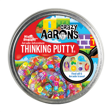 A round silver container with the title 'Crazy Aaron's Arcade Adventure Thinking Putty' with illustrations of coloured blocks.