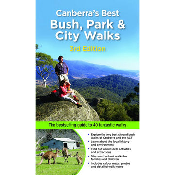 'Canberra's Best Bush, Park and City Walks' book cover featuring a photo of two people on the top of a mountain looking out at the view. Underneath is a photograph of kangaroos jumping around in the grass.