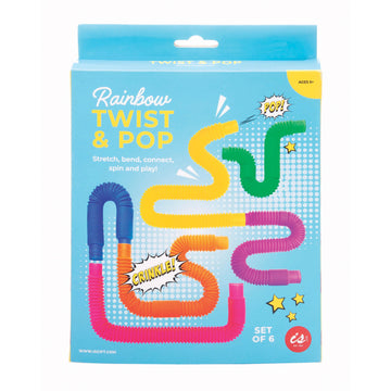 A blue packaging box with the title 'Rainbow Twist & Pop' and images of six different coloured bendable tubes.