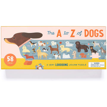 'The A to Z of Dogs' puzzle box featuring an animal of a long dog with multiple dogs pictured on the long dog.