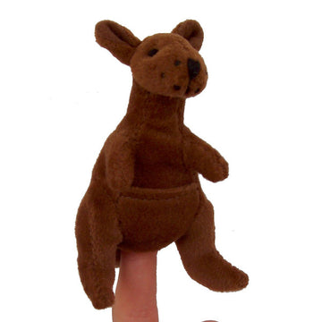 A plush kangaroo finger puppet on a finger against a white background.