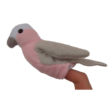 A plush galah finger puppet on a finger against a white background.