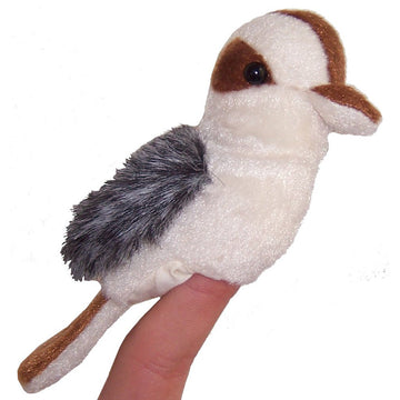 A plush kookaburra finger puppet sitting on top of a finger against a white background.