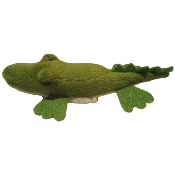 A crocodile soft toy in green against a white background.