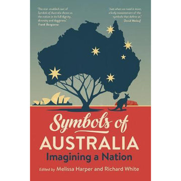'Symbols of Australia' book cover featuring an illustration of the map of Australia on tree branches with the Southern Cross on it. Underneath the tree is a silhouette of a kangaroo, the Sydney Opera House and Uluru.