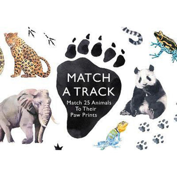 'Match a track' box cover showing illustated animals including an elephant and panda next to their footprints.