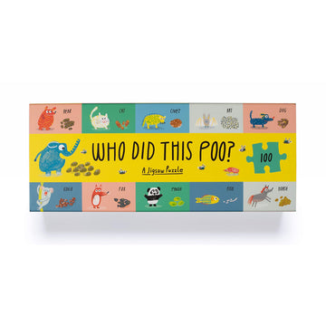 'Who Did This Poo' puzzle box featuring an assortment of animals standing next to their poo with their animal name written. Animals include a bear, cat, dog and horse.