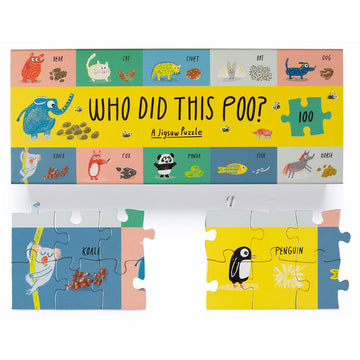 'Who Did This Poo' puzzle box featuring an assortment of animals standing next to their poo with their animal name written. Animals include a bear, cat, dog and horse.