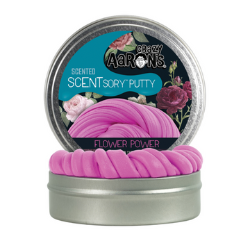 A silver round container with the heading 'Crazy Aaron's Scented Scentsory Putty Flower Power' and an image of flowers. A second container is in front showing the pink putty inside.