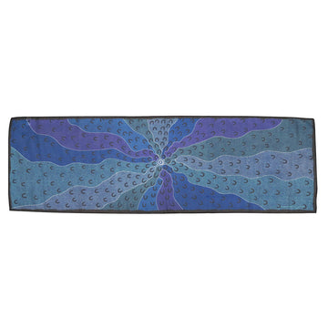Rectangle, polyester chiffon scarf, folded onto Yijan branded hanger. Artwork, Crow Women, by Maureen Hudson. Various shades of blue; fine white lines; white, blue dots; black U shapes. Australian made.