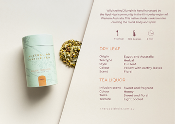 Kakadu Tea. Packaged in a light green canister with gold and orange text next to some loose leaf tea.