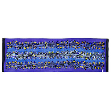 Rectangle, polyester chiffon scarf, 50cm x 150cm, folded onto outstations branded hanger. Artwork in blue by Lily Hargraves, Australian made. Bright blue background, grey shapes coloured with orange and purple.
