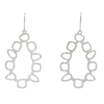 Silver coloured abstracted hoop drop earrings. 