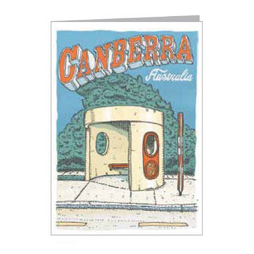 An illustrated bus shelter with the words 'Canberra Australia' written above on a greeting card.