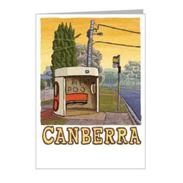A greeting card with an illustrated image of a concrete bus shelter. Inside the shelter is the graffiti 'Big Fat Poo'. The word 'Canberra' is written at the bottom in bold yellow letters.