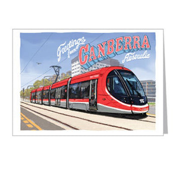 An illustrated image of the light rail with the words 'Greetings from Canberra Australia' written above.