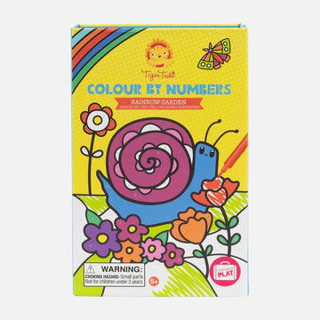 Colour by Numbers box cover showing an illustrated snail surrounded by different coloured flowers.