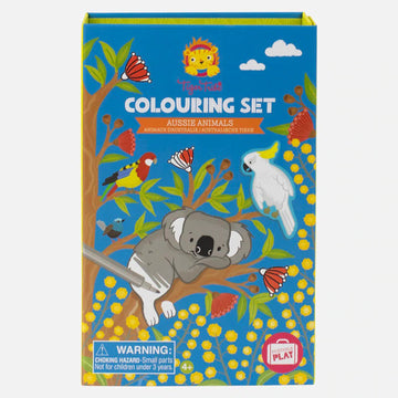 Front cover of a colouring set showing an illustration of a koala lying in a tree surrounded by birds and flowers.
