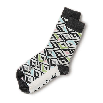 socks with blue pink green grey and black triangles