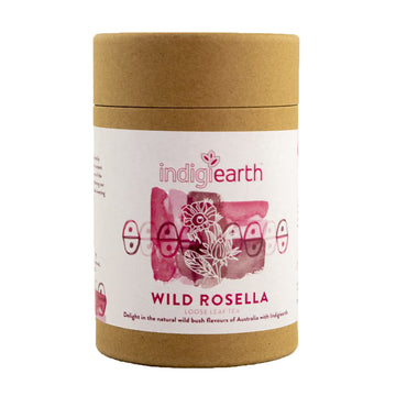 A cardboard container with a white product label and the text 'Indigiearth Wild Rosella Loose Leef Tea' visible.