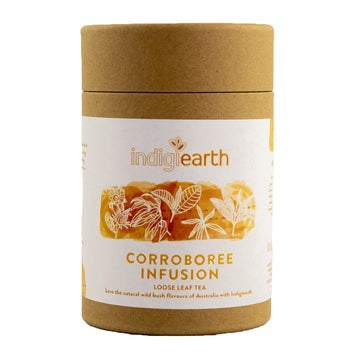 Made in Australia loose leaf tea packed in cardboard cylinder. White label with corroboree infusion in type and Indigiearth logo. Orange and white illustration of leaves and flowers.
