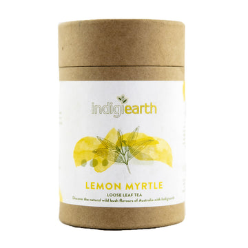 A cardboard container with a white product label and the text 'Indigiearth Lemon Myrtle loose leaf tea' visible.