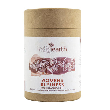 A cardboard container with a white product label and the text 'Indigiearth Womens Business Loose Leaf Infusion' visible.