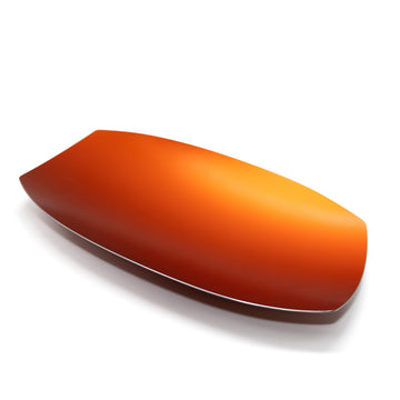 Top down view of a coolamon tray with round long sides and square short sides in a metallic red.