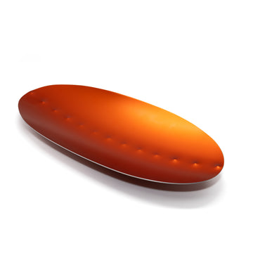 Top down view of a coolamon tray in a long oval shape with indenets forming a line in the middle.