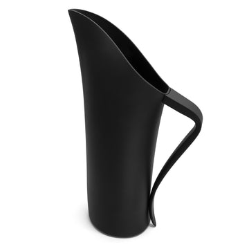 A black water jug with a long sprout and matching black handle.