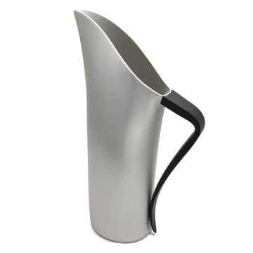 A silver jug with a long open spout and curved black handle.