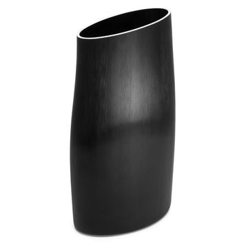A black vase with a silver edge at the top in a tall shape with a slight taper in.