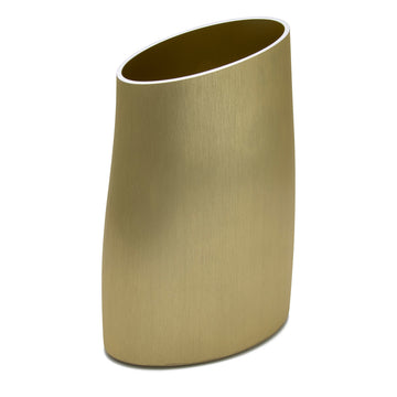 A champagne coloured vase with a silver edge at the top and curved shape.