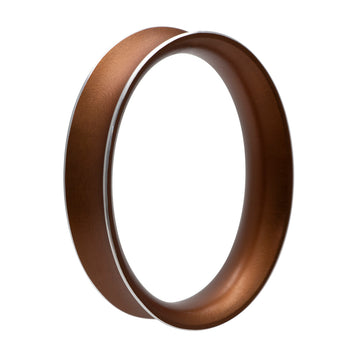 A round bangle in a copper colour with a silver edge and a curved shape.