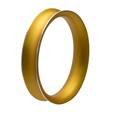 Gold coloured aluminum bangle with silver edging and a curve in the center made by Fink in size small.