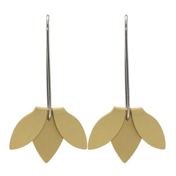 A pair of drop earrings featuring three champagne coloured petal shapes.