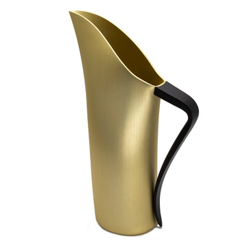 A champagne coloured water jug with a long open spout and curved black handle.